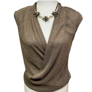 Sheer Dark Taupe With Gold Crisscross Front Blouse